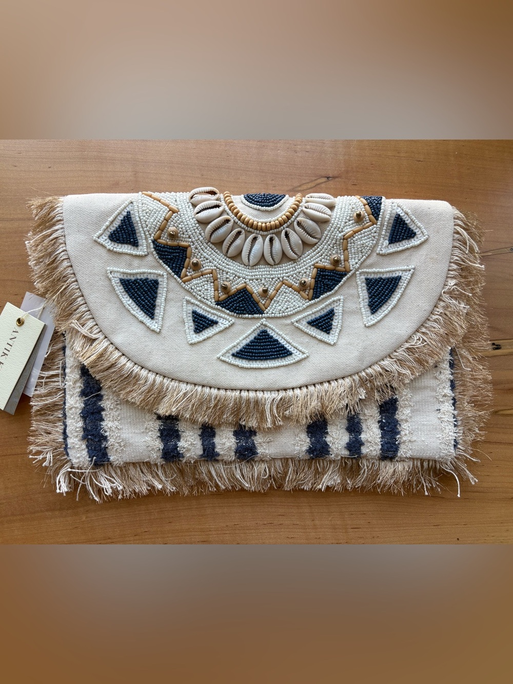 Antik Kraft Nordstrom Boho Embellished Cream & Navy Beaded Fringe Clutch